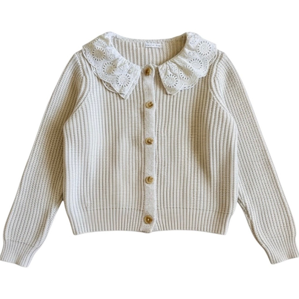 Copper Key Lace Collar Sweater Womens L 12/14 Cream Ribbed Cottagecore Feminine